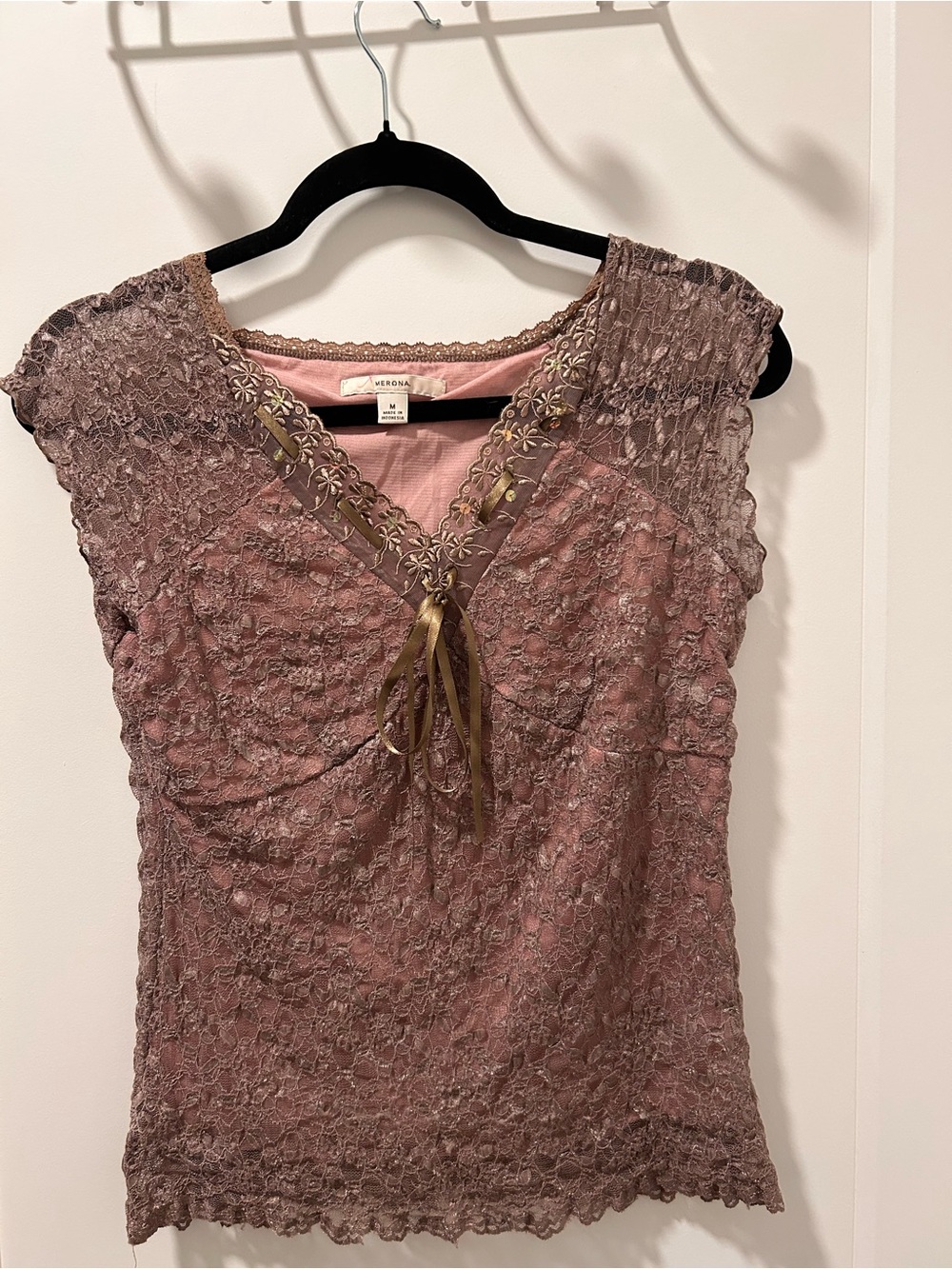 Vintage Merona Y2K Rosy Mauve Lace V Neck Cap Sleeve Fairycore Top Medium